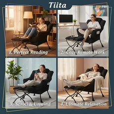 Tiita Lazy Chair with Ottoman, Modern Large Accent Lounge Armchair, Comfy Leisure Sofa Reading Chair with Footrest for Bedroom, Living Room, Dorm Rooms, Garden and Courtyard, Black