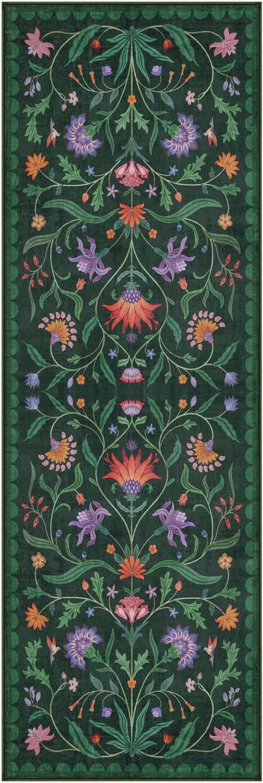 Lahome Boho Floral 2x6 Washable Green Bathroom Kitchen Runner Rug, Soft Rug Runners for Hallways Non Slip, Low-Pile Carpet Runner for Entryway Laundry (Forest Green,2x6)