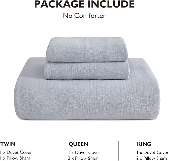 EMME Muslin Cotton Duvet Cover Set Blue Queen Size Linen Like Soft Breathable Lightweight Summer Comforter Cover Set with Zipper Closure (Blue, Queen, 90"x90")