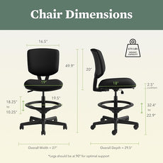 HON Volt Standing Desk Chair, Fabric Home Office Chair with Foot Rest, Armless, Ergonomic Recline and Center Tilt, for Computers, Offices, Work, Black