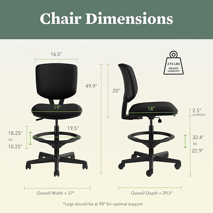 HON Volt Standing Desk Chair, Fabric Home Office Chair with Foot Rest, Armless, Ergonomic Recline and Center Tilt, for Computers, Offices, Work, Black