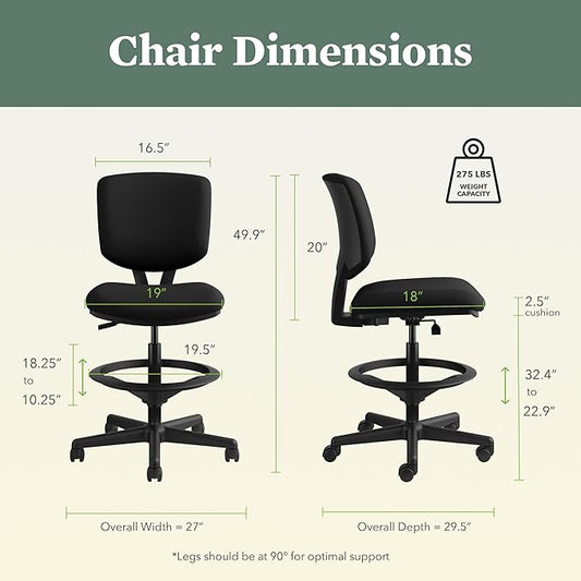 HON Volt Standing Desk Chair, Fabric Home Office Chair with Foot Rest, Armless, Ergonomic Recline and Center Tilt, for Computers, Offices, Work, Black
