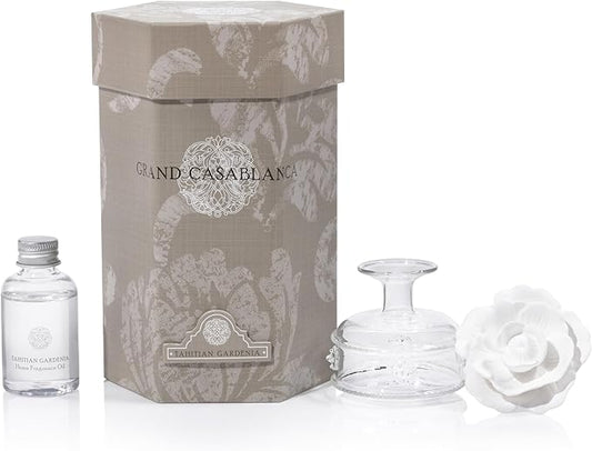 Zodax Grand Casablanca Porcelain Oil Diffuser - Home Fragrance Oil Diffuser Ideal for Living Room, Bathroom, Office - Flower Design - Gift Box Packaging Included - Tahitian Gardenia - 1.69 Oz.