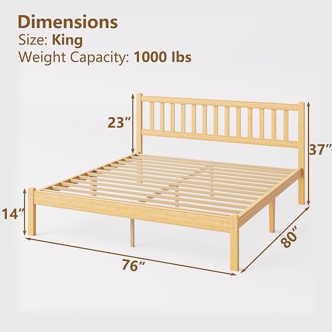 14 in High Solid Bamboo Wood King Size Bed Frame with Headboard, Platform Bed Frame King, Heavy Duty, No Box Spring Needed, Nosie Free
