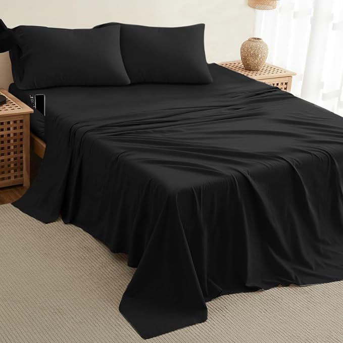 DREAMCARE Twin Sheets - Cooling Bed Sheets - 4pc Set - up to 15" Deep Pocket - Soft & Long Lasting 100% Fine Brushed Polyester with Side Pocket - Black