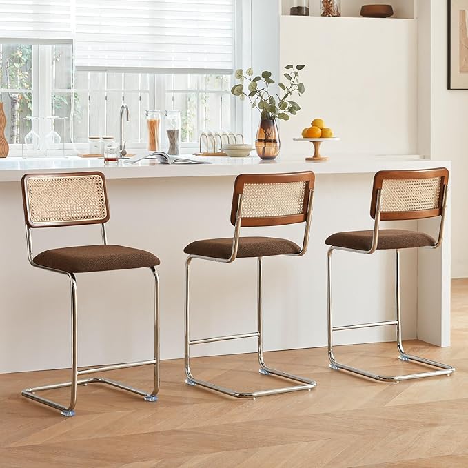 Natural Rattan Counter Height Stools Set of 3 with Solid Wood Back, 24 Inch Mid Century Modern Cesca Bar Stools, Brown Upholstery Boho Stool for Kitchen Counter with Chrome Metal Legs