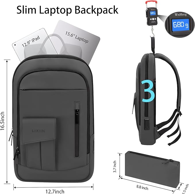 Business Backpack for Men Slim Lightweight Laptop Backpack Water Resistant Small Office Backpack for Commute Travel Daily Office Work with Small Bag (Grey)