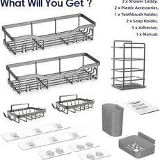 Shower Caddy Adhesive Shower Organizer 7-Pack, Rustproof Stainless Steel Bathroom Shelves, Large Capacity No-Drill Rack Storage Accessories with Soap Dish Toothbrush Holder Hooks (Gray)