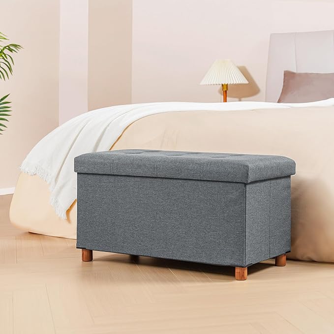 B FSOBEIIALEO Storage Ottoman with Tray, Foot Stools and Ottomans with Legs, Storage Cube Seat Linen Grey 30"