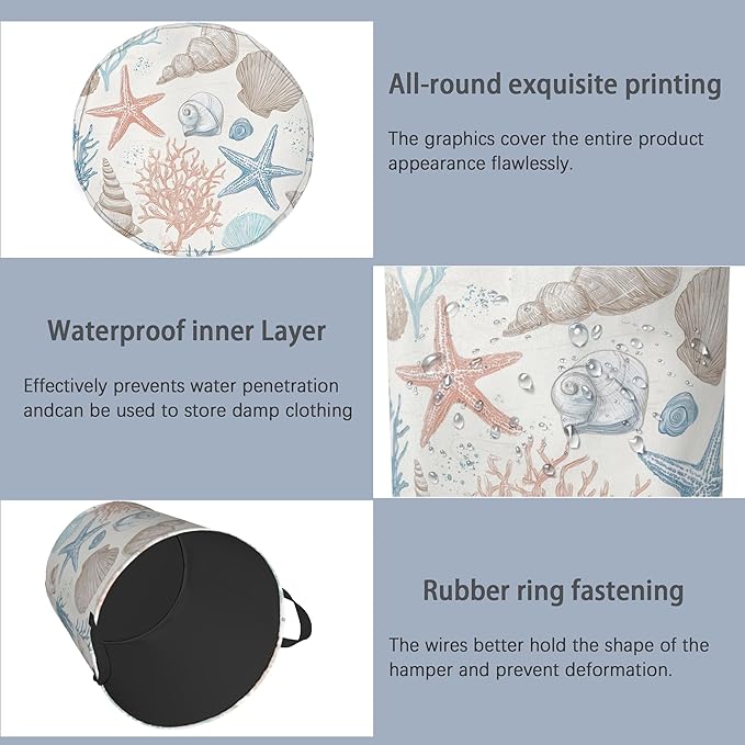 Starfish Laundry Hamper,Shell Coral Dirty Clothes Laundry Basket with Handles Waterproof Oxford Cloth Storage Basket for College Dorms Bathroom Bedroom 16" x 20.8"