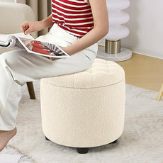 Furniliving Modern Round Storage Ottoman,Button Tufted Ottoman Footstool Ottomans with Removable Lid Storage Stool for Living Room, Bedroom, Makeup Room, Faux Fur, White