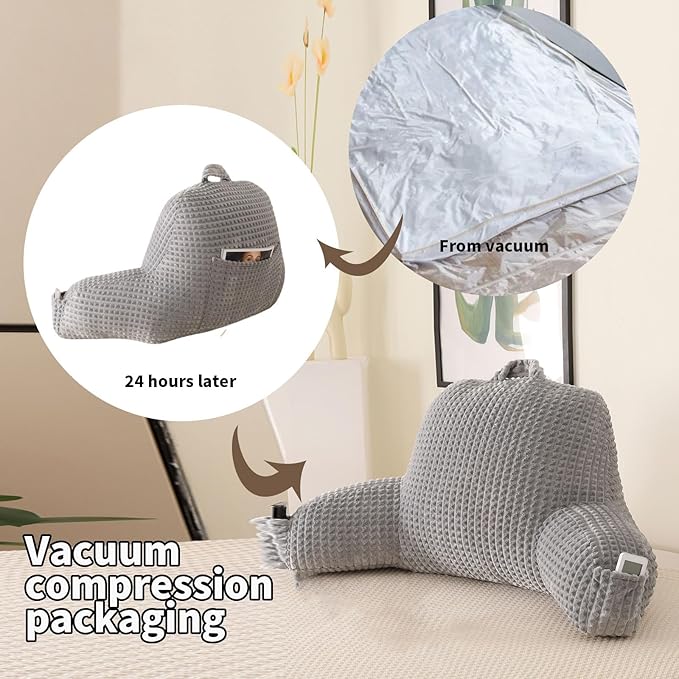 Reading Pillow for Sitting in Bed, Large Backrest Reading Pillow with Arm Rest,Back-Rest Support Cushion for Sit Up on Couch, Sofa, and Floor, Dorm Essentials (Grey Flannel, Large(19"))