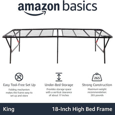 Amazon Basics Bed Frame with Storage, Foldable Metal Platform, Sturdy Steel, No Box Spring Needed, 18 Inches High, Tool-Free Setup, King Size, Black