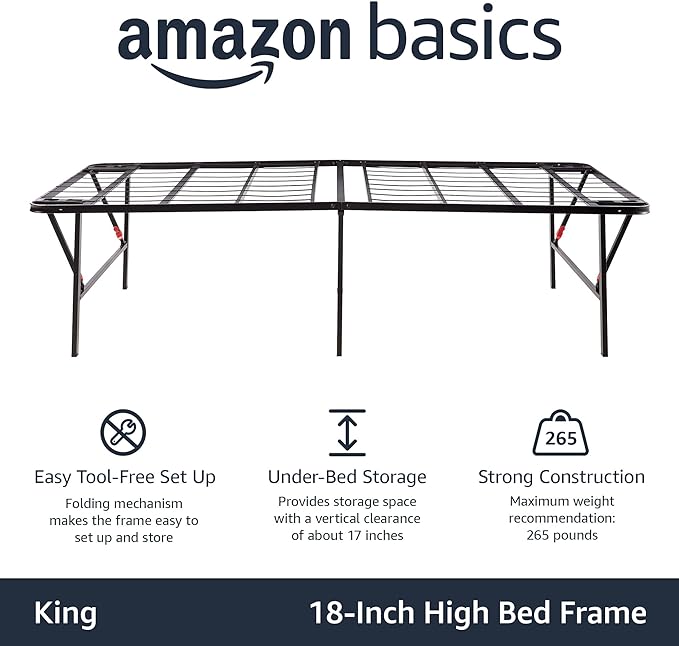 Amazon Basics Bed Frame with Storage, Foldable Metal Platform, Sturdy Steel, No Box Spring Needed, 18 Inches High, Tool-Free Setup, King Size, Black