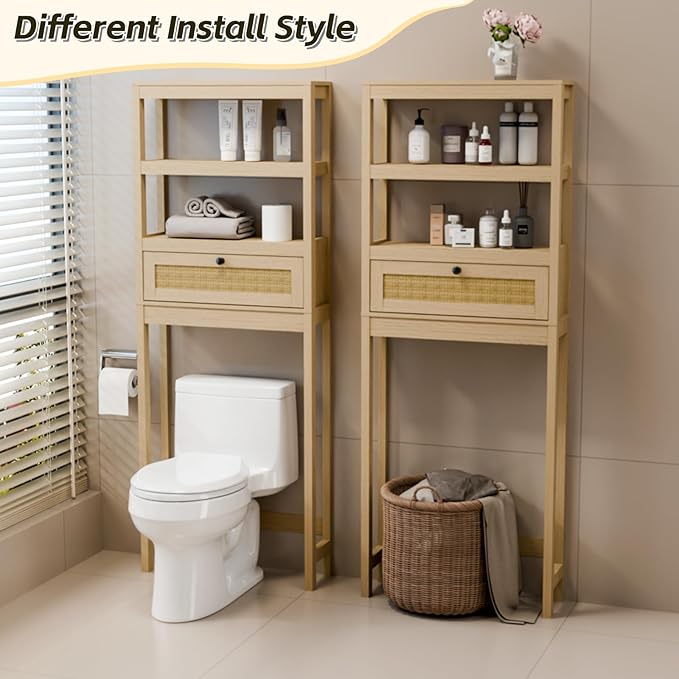 Over The Toilet Storage Cabinet, 3-Tier Behind Toilet Bathroom Organizer, Wooden Above Toilet Storage Shelf with Rattan Door, Space Saver for Restroom, Bathroom, Laundry