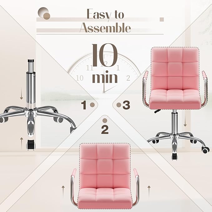 Furmax Mid-Back Office Task Chair Ribbed PU Leather Executive Chair Modern Adjustable Home Desk Chair Retro Comfortable Work Chair 360 Degree Swivel with Arms (Pink)