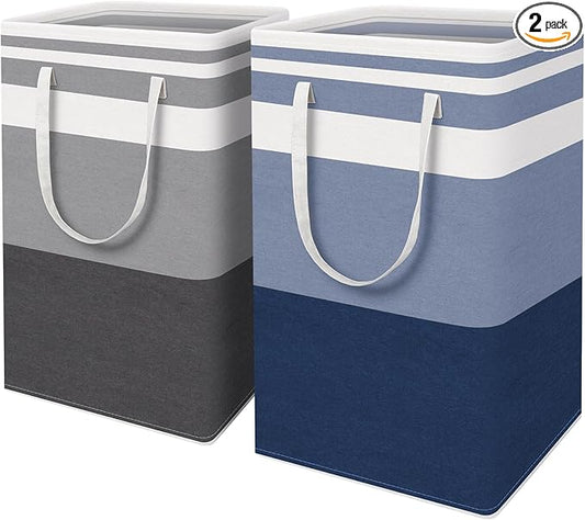 HomeHacks 2 Pack Large Laundry Baskets, Waterproof, Freestanding Laundry Hampers, Collapsible Clothes Hamper with Reinforced Handles in Laundry, College Dorm, Bathroom, Bedroom (Grey+Blue, 88Lx2)
