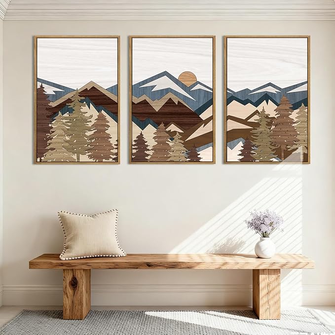 BINCUE Large Boho Mountain Canvas Framed Wall Art Set of 3 Forest Mountain Sun Wall Decor Boho Artwork for Living Room Bedroom Office 24x36 Inch Gift