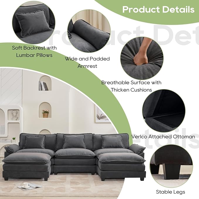 120" Modular Sectional Sofa, Comfy Cloud Couch Sectional Sofa with Ottoman, Chenille Sofa Sleeper Deep Seat Sofa with Throw Pillows for Living Room (Blue Gray, 120"- U Shape)