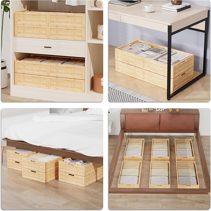 Bamboo Under Bed Storage Containers, Rolling Underbed Organizer with Wheels, Sturdy Under the Bed Shoe Storage Bins, Stackable Underbed Drawers for Bedroom Closet Clothing Toy 2 Packs (Natural, Large)