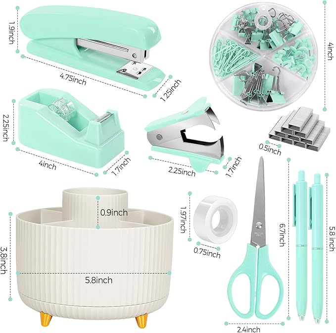 SKYDUE Teal Office Supplies Set, Office Desk Accessories 10Pcs, Pencil Holder for Desk, Stapler, Tape Dispenser, Scissors, Clips and 1000pcs Staples, School Supplies for Teacher