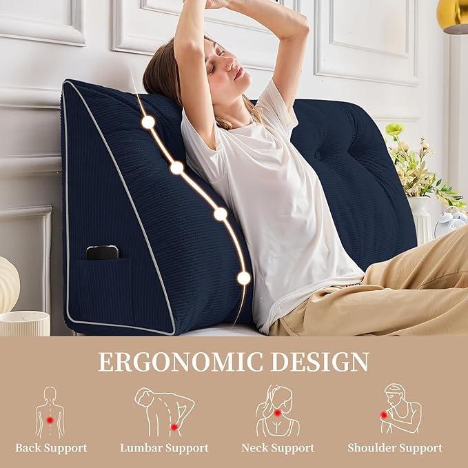 Sasttie Headboard Pillow King, Wedge Pillow Headboard for Sitting Up in Bed, Back-Rest Support Triangular Cushion for Reading - Features Removable Washable Cover, Navy