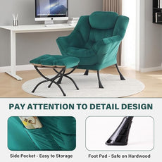 Tiita Lazy Chair with Ottoman, Modern Large Accent Lounge Armchair, Comfy Leisure Sofa Reading Chair with Footrest for Bedroom, Living Room, Dorm Rooms, Garden and Courtyard, Velvet Green