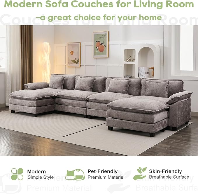 154" Modular Sectional Sofa, Comfy Cloud Couch Sectional Sofa with Ottoman, Chenille Sofa Sleeper Deep Seat Sofa with Throw Pillows for Living Room (Light Gray, 154"- U Shape)