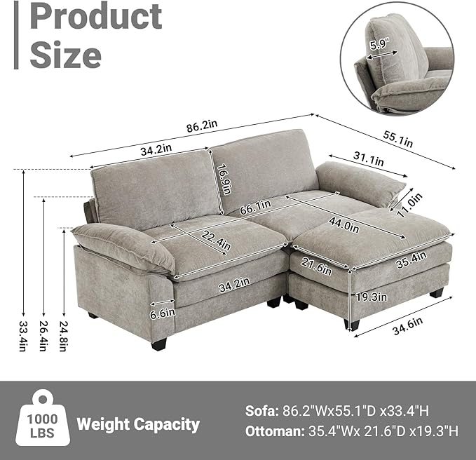 VINGLI 87" Convertible Sectional Sofa,L-Shaped Deep Seat Sofa Couch for Living Room,Modern 2-Seat Loveseat Sofa with Ottoman for Small Space(Light Grey)