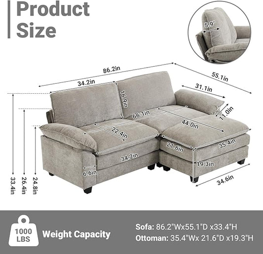 VINGLI 87" Convertible Sectional Sofa,L-Shaped Deep Seat Sofa Couch for Living Room,Modern 2-Seat Loveseat Sofa with Ottoman for Small Space(Light Grey)