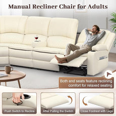 Manual Reclining Sectional Sofa Set, 6 Seats Soft Leather Recliner Corner Sectional Couch, Family-Sized L-Shaped Recliner Couch with USB Charging, Thickened Padding, Sturdy Frame, White