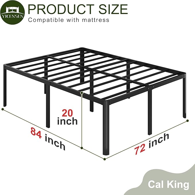 20 Inch High California King Bed Frames with Rounded Corner Legs, Heavy Duty Cal King Metal Platform Bed Frame No Box Spring Needed, Easy Assembly, Noise Free, Black