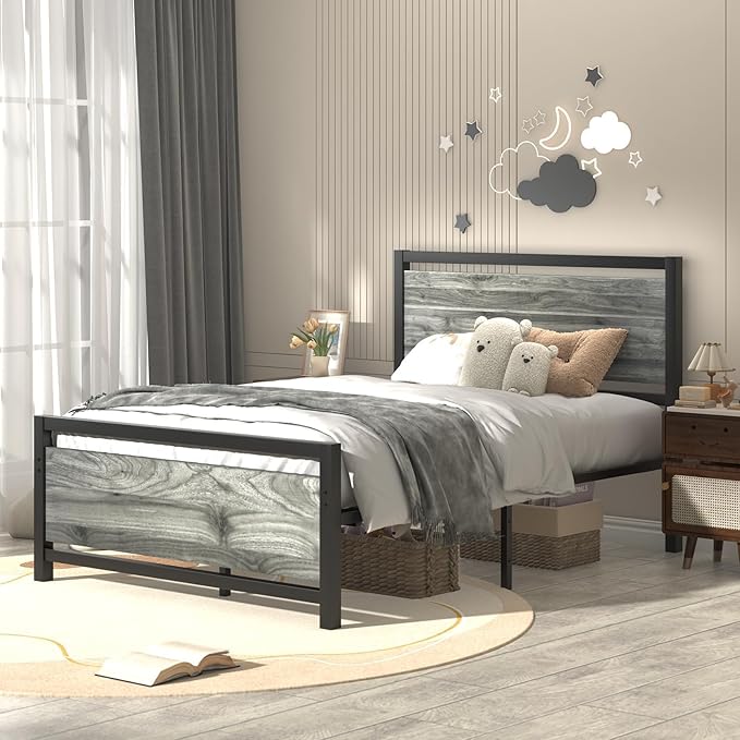 Twin Bed Frames with Headboard, Industrial Style Twin Bed Frame, Twin Size Bed Frames with Wooden Footboard, No Box Spring Needed, Noise-Free, Easy Assembly, Wash Grey