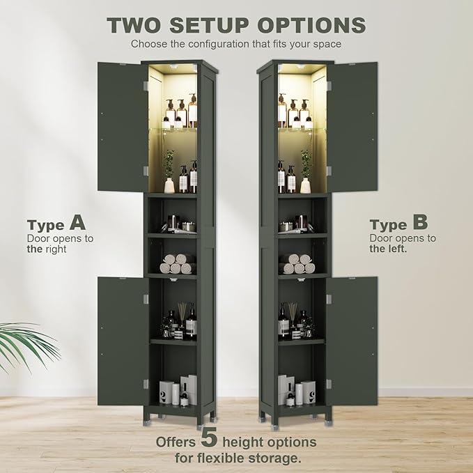 67" Tall Bathroom Storage Cabinet with Lights, Slim Narrow Bathroom Cabinet Organizer with Doors and Adjustable Shelves, Tall Cabinet for Small Space (66.9" Tall-Green with Light, 1 Pack)