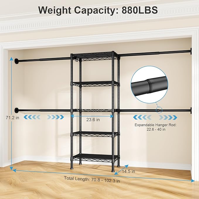 Ulif M2 Wall Mounted Closet System, Clothes Rack Mounted onto the Wall with 4 Expandable Hanger Rods and 5 Metal Shelves, Clothing Organizer Storage in (70.8-102.3)" L x 14.5" D x 71.2" H, Black
