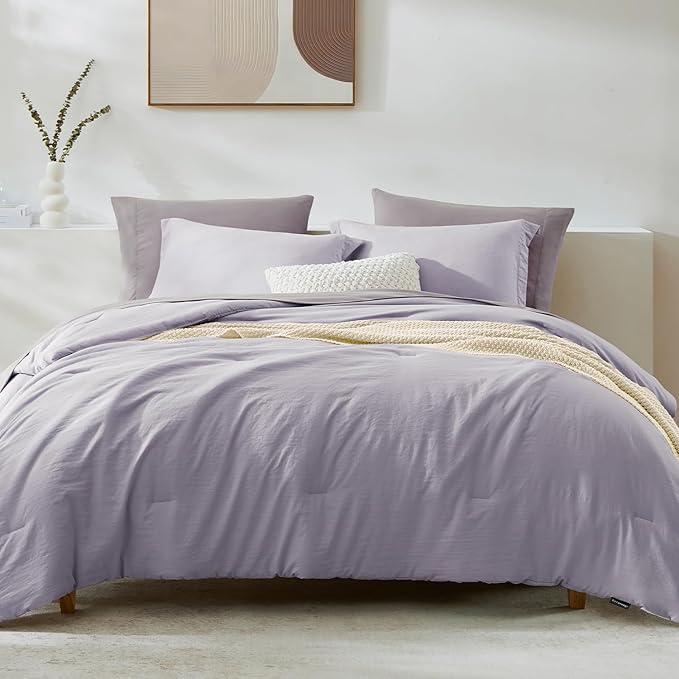 WRENSONGE Full Size Comforter Set- 7 Pieces Lilac Bed in a Bag Full Size Comforter with Fitted Sheet, Flat Sheet, 2 Pillow Shams, 2 Pillowcases, Warm Bedding Sets for All Season
