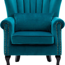 Mid Century Accent Chair Modern Tufted Wingback Armchairs Club Chair Velvet Single Sofa Lounge Chair with Pillow for Living Room, Teal Blue