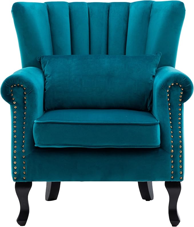 Mid Century Accent Chair Modern Tufted Wingback Armchairs Club Chair Velvet Single Sofa Lounge Chair with Pillow for Living Room, Teal Blue