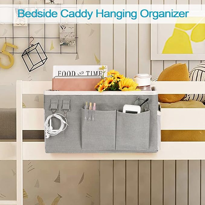Loghot Bedside Caddy/Bedside Storage Bag Hanging Organizer for Bunk and Hospital Beds,Dorm Rooms Bed Rails,Can be Placed Glasses,Books,Mobile Phones,Keys (Grey)