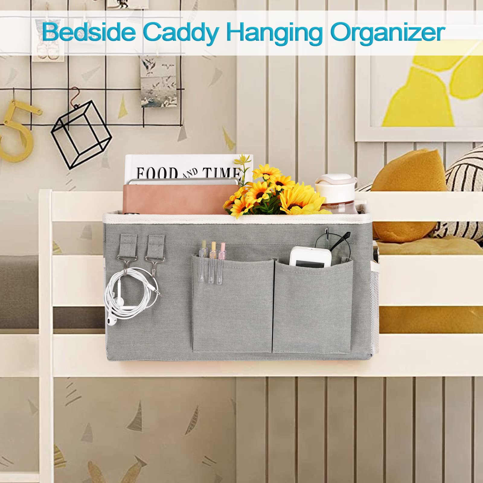 Loghot Bedside Caddy/Bedside Storage Bag Hanging Organizer for Bunk and Hospital Beds,Dorm Rooms Bed Rails,Can be Placed Glasses,Books,Mobile Phones,Keys (Light Pink) Dormly