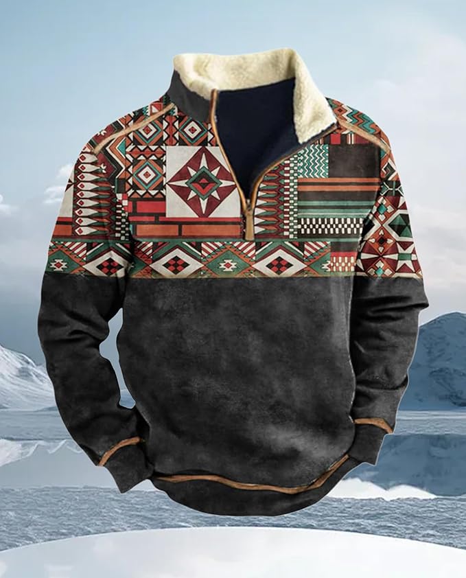 Western Sweatshirts for Men Aztec Cowboy Vintage Graphic Fleece Hoodie Mens Quarter Zip Pullover Country Jacket