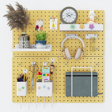 Metal Pegboard Combination Kit — 4 Carbon Steel Pegboards with 26 Accessories, Pegboard Wall Organizer for Home, Office, Study Room, Kitchen, Garage & Craft Room — 24″ × 24″ Yellow Peg Board