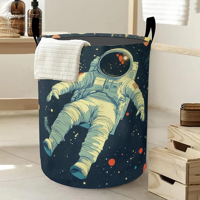 Astronauts in Space Laundry Basket-Large Foldable Hamper Holder Portable Tall Collapsible Laundry Hamper Storage Basket Bin with Handles, Canvas & Waterproof lining for Household Items