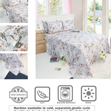FADFAY Elegant Floral Full Sheet Set - Shabby Grey Bird Print Flower Bed Sheets, Vintage Farmhouse 100% Cotton Ultra Soft Girls Bedding With Deep Pocket Fitted Sheet, 4Pcs, Full Size