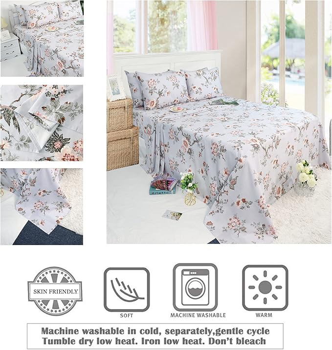 FADFAY Elegant Floral Full Sheet Set - Shabby Grey Bird Print Flower Bed Sheets, Vintage Farmhouse 100% Cotton Ultra Soft Girls Bedding With Deep Pocket Fitted Sheet, 4Pcs, Full Size