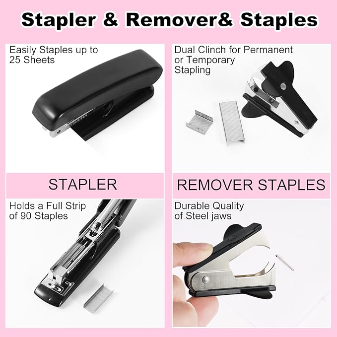 Desk Organizers and Accessories Set with 360-Degree Rotating Pen Holder, Tape Dispenser, Stapler, Staple Remover, 1000 Staples, Tape, Clips Set, Ruler, Scissor, Pen