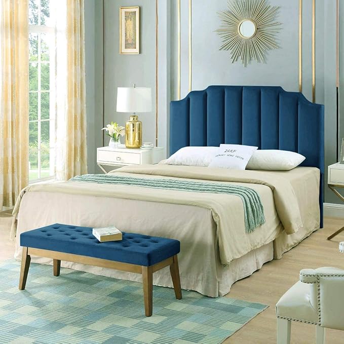 24KF Navy Blue Velvet Tufted Queen Upholstered Headboard, Modern Vertical Channel Design California Queen/Full Headboard with Stepped Silhouette Top Edge, 6026-Q-Navy Blue