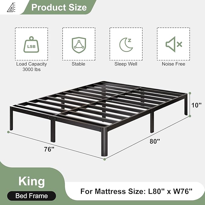 10 Inch King Bed Frame with Rounded Corner Legs, 2000 LBS Heavy Duty Metal King Size Platform Bed Frame No Box Spring Needed, Noise Free, Easy Assembly, Black