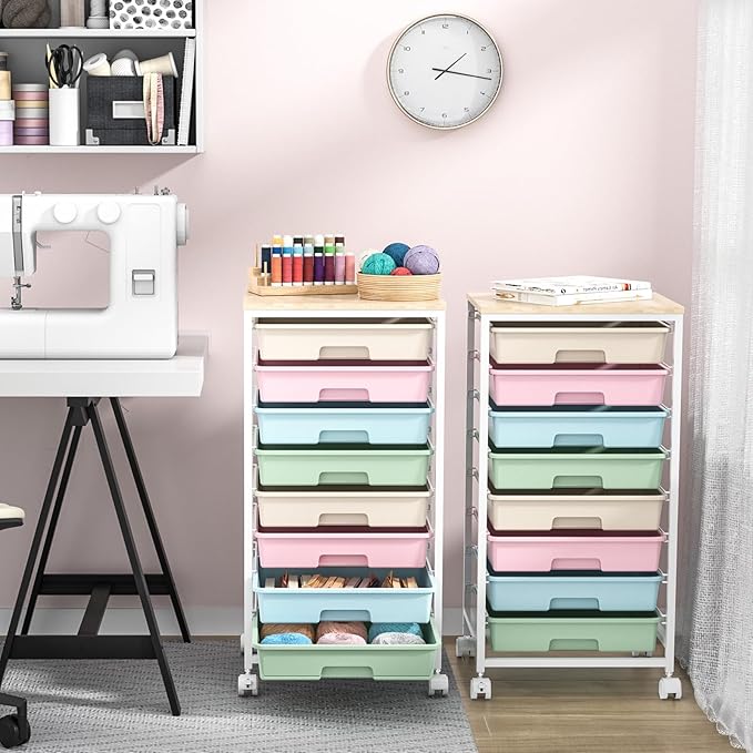 Rolling Storage Cart with Drawers,Utility Cart With 8 Drawers and Wooden Tabletop,Rolling Drawer Cart,Storage Drawer Cart for Living Room,Classroom,Bedroom,Bathroom,Dorm,Office,Rainbow