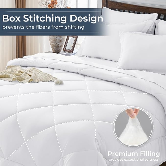HEVUMYI White Queen Comforter Set - 7-Piece All Season Bed in a Bag Queen, Ultra Soft Bedding Set with Comforter, Flat Sheet, Fitted Sheet, Pillowcases, Pillow Shams